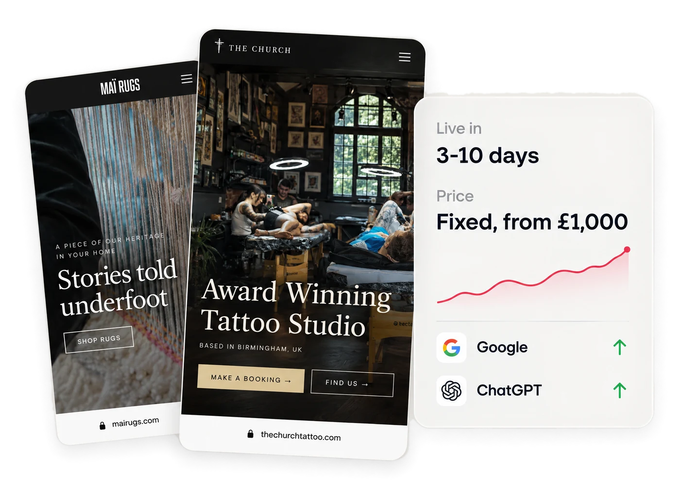 The Church Tattoo and Mai Rugs websites on phones, live in 3-10 days, fixed price from £1,000
