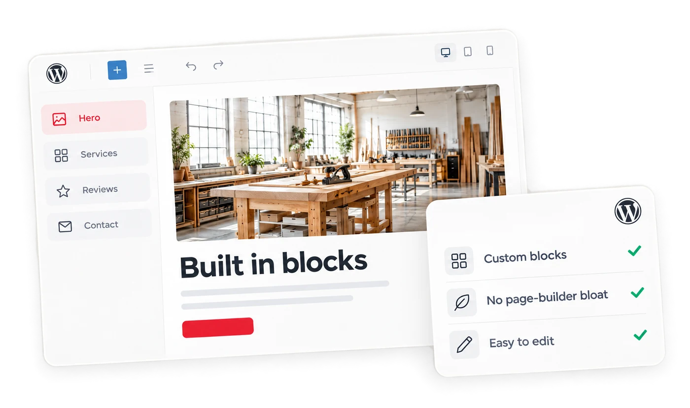 A clean WordPress block editor building a fast small-business page